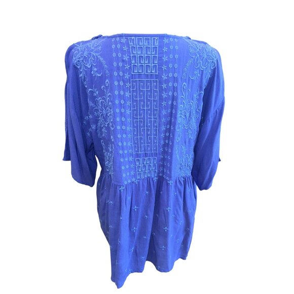 Tru Luxe Cobalt Blue Embroidered Boho Cottage Core Casual Tunic S/S Blouse Top S - Picture 2 of 10